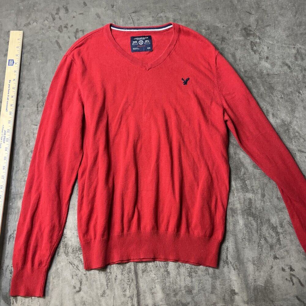 American Eagle Mens Cotton Athletic Fit LS V Neck Solid Bright Red Sweater M